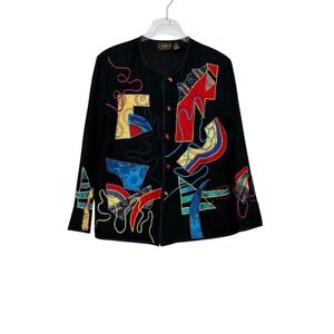 Allure Boutique Black Abstract Art Embroidered Button Up Jacket M